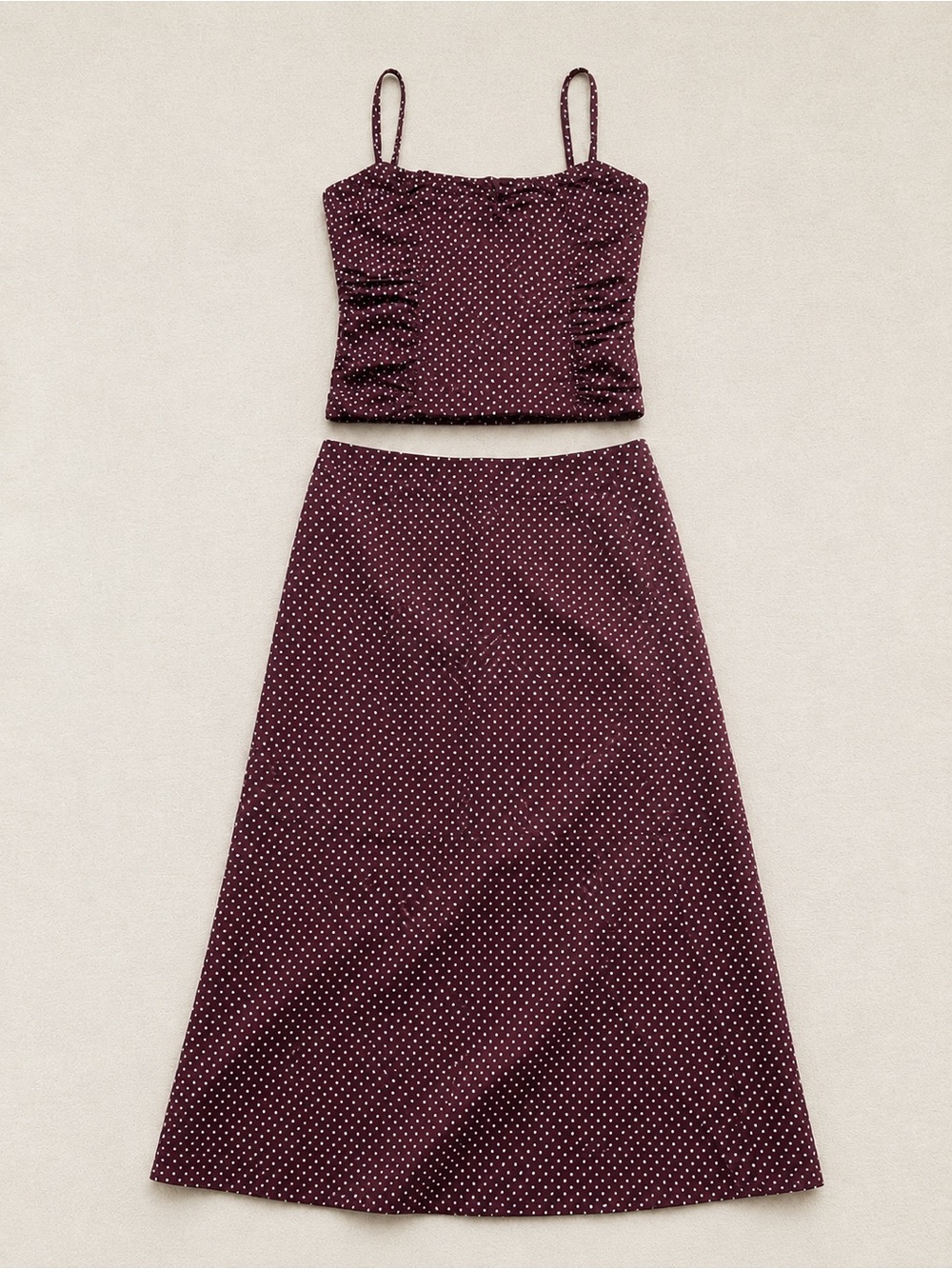 Princess Polly Burgundy Polka Dot Set Size 0 NWOT Ruched Crop Top & Midi Skirt - Picture 1 of 3